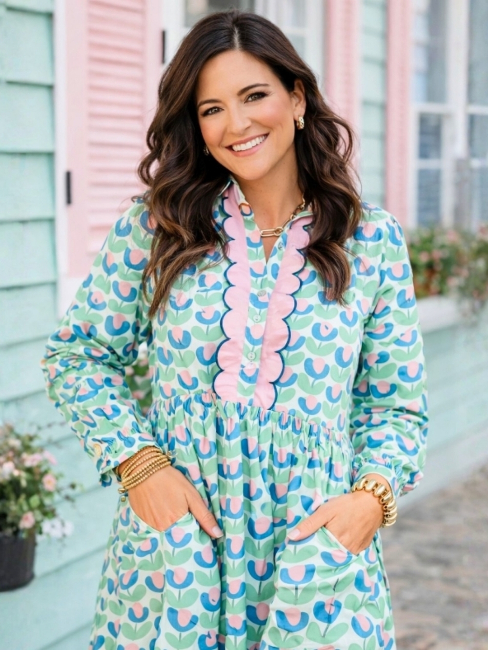 Scallop-Trim Tulip Print Dress in Mint, Navy & Pink
